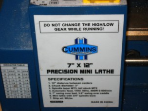 Cummins Mini Lathe Box Cover